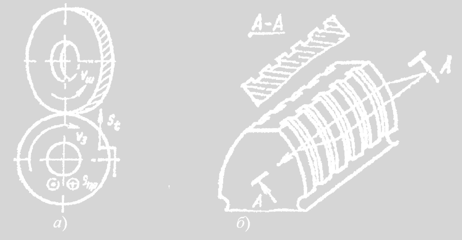 Рис. 1. Схема шевингования (а) и зуб шевера (б)